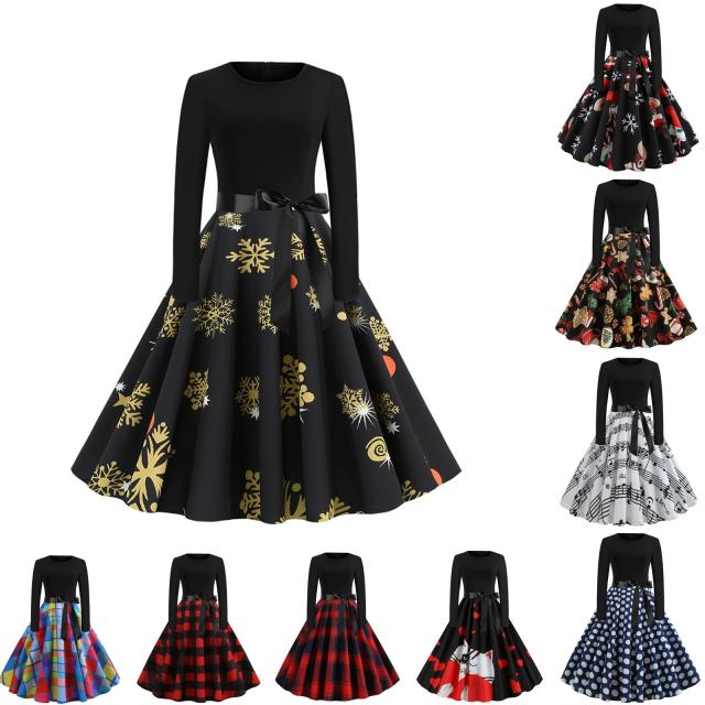 Vintage Women Christmas Dress Elegan Winter Dresses Black S